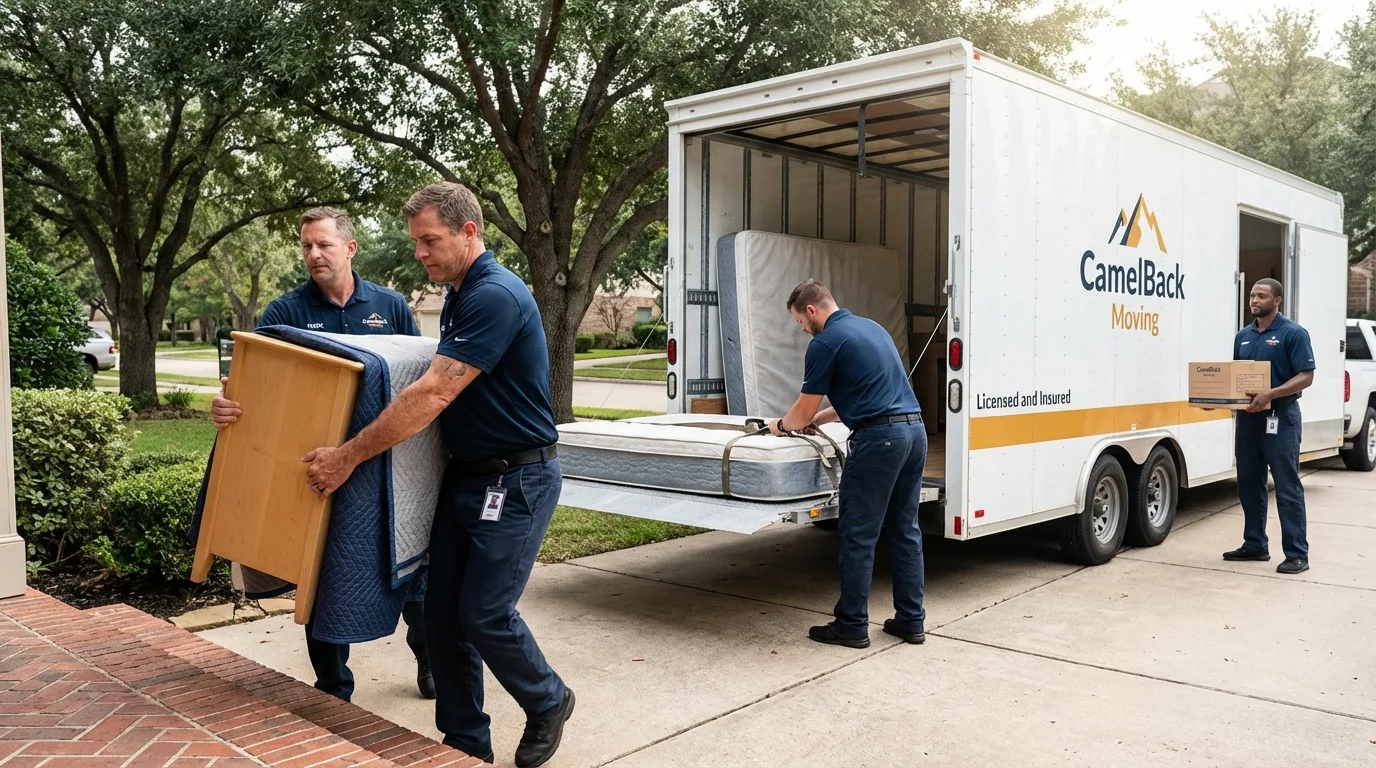 Crew loading residential truck for cross-state move from Fargo, ND