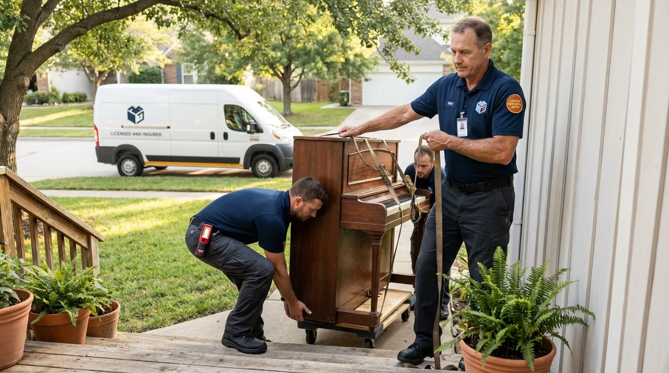 Licensed piano movers securing grand piano in Fargo, ND
