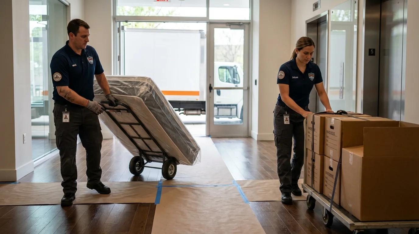 Professional apartment movers loading elevator in Fargo, ND